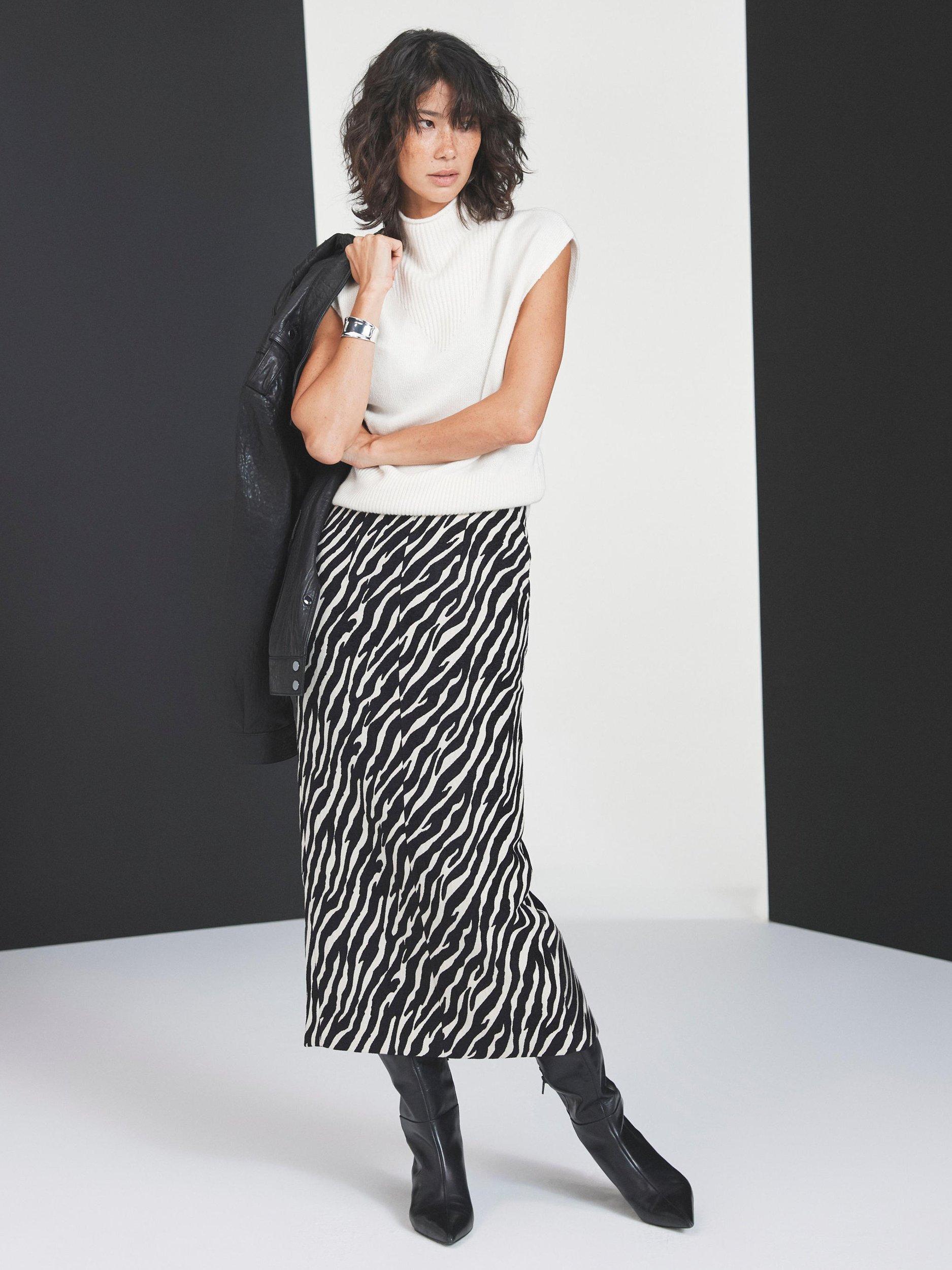 Product image 3 of 8, which shows Mint Velvet Zebra Print Midi Skirt, White/Black, 16