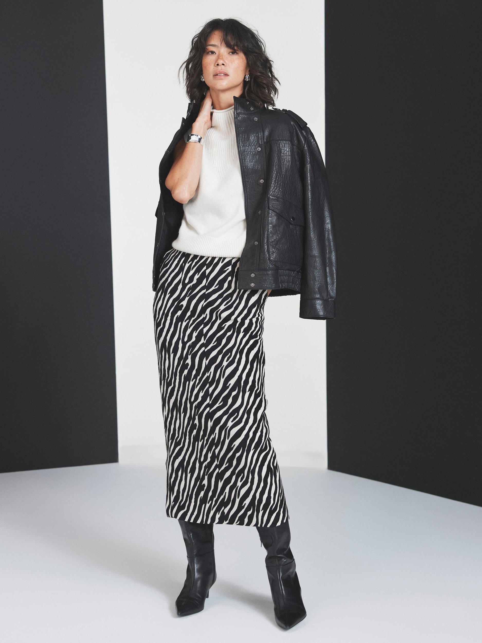 Product image 5 of 8, which shows Mint Velvet Zebra Print Midi Skirt, White/Black, 16