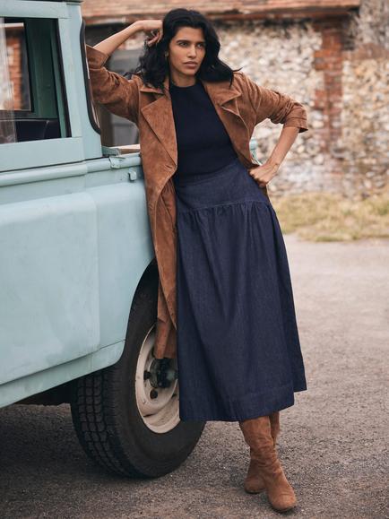 Mint Velvet Cotton Denim A-Line Maxi Skirt, Blue Navy