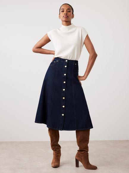 Mint Velvet A-Line Cotton Denim Midi Skirt, Blue Navy