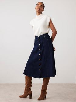 Mint Velvet A-Line Cotton Denim Midi Skirt - view 2, Blue Navy