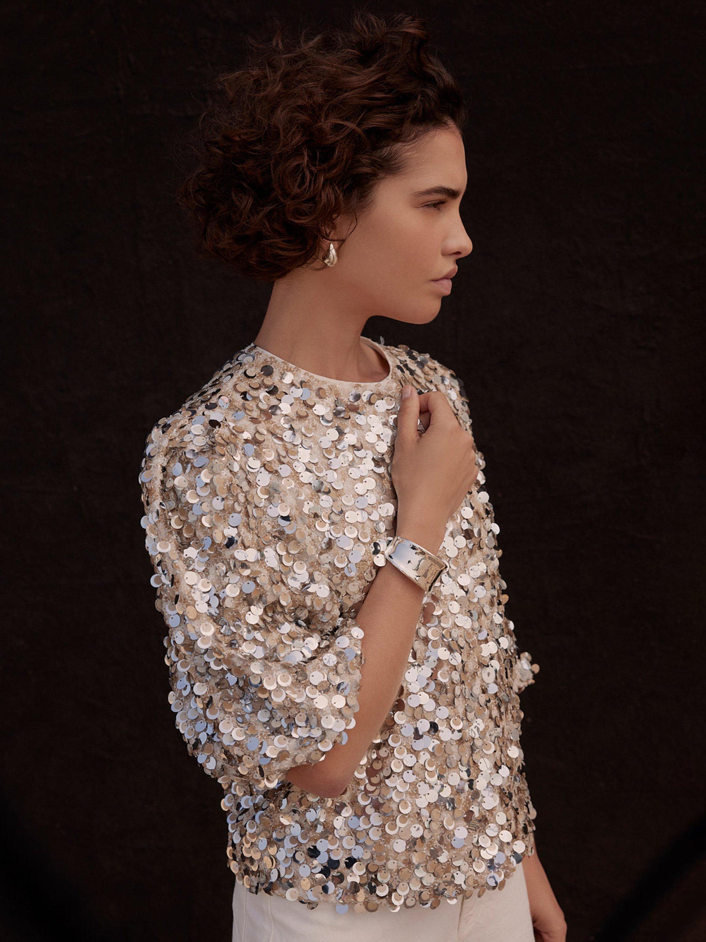 Product image 1 of 8, which shows Mint Velvet Sequin Puff Sleeve Top , Silver, XS