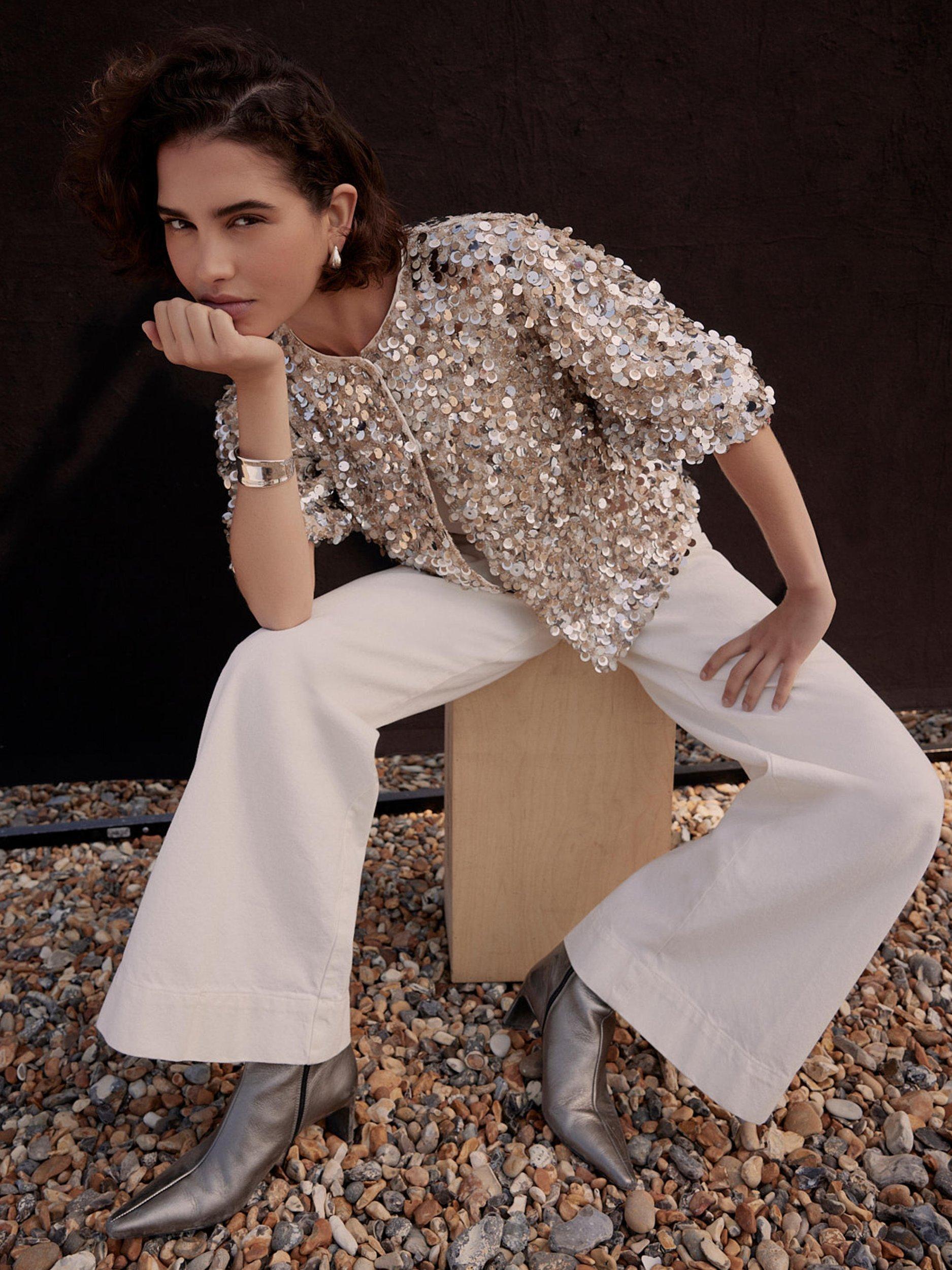 Product image 2 of 8, which shows Mint Velvet Sequin Puff Sleeve Top , Silver, XS