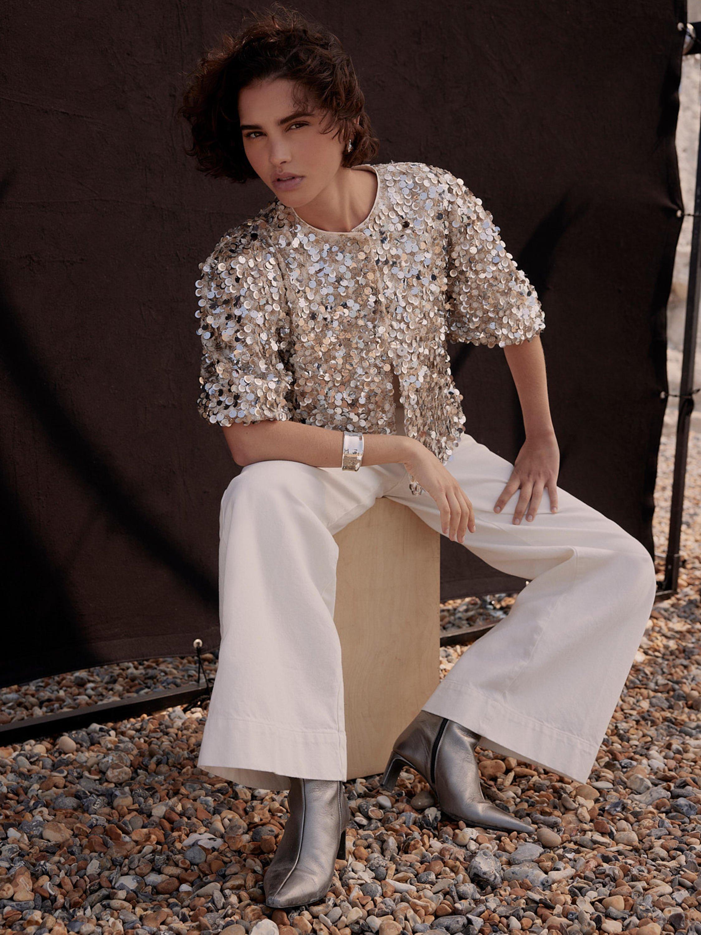 Product image 4 of 8, which shows Mint Velvet Sequin Puff Sleeve Top , Silver, XS