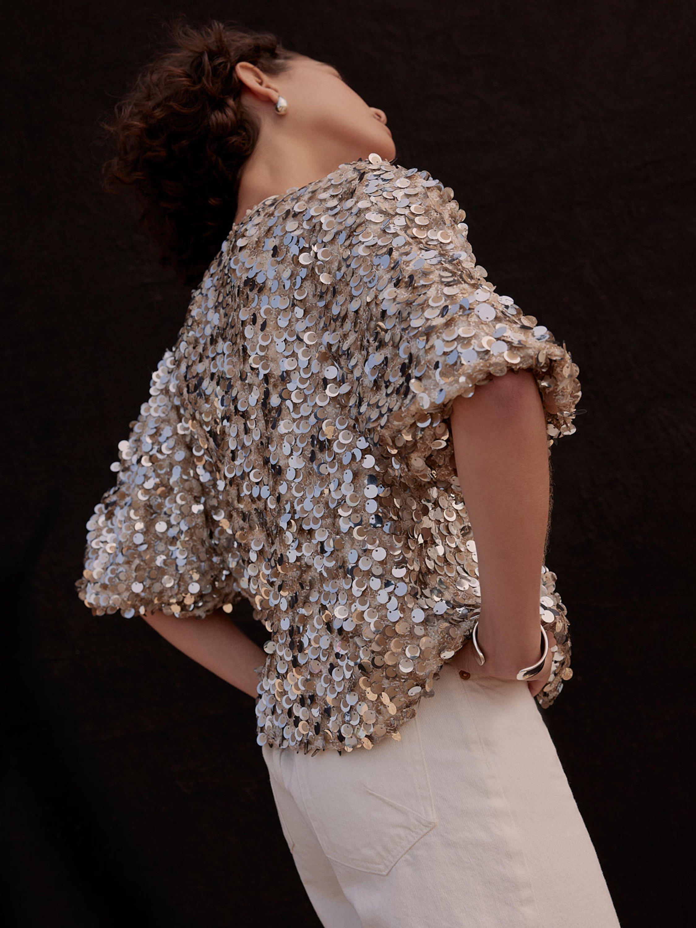 Product image 5 of 8, which shows Mint Velvet Sequin Puff Sleeve Top , Silver, XS