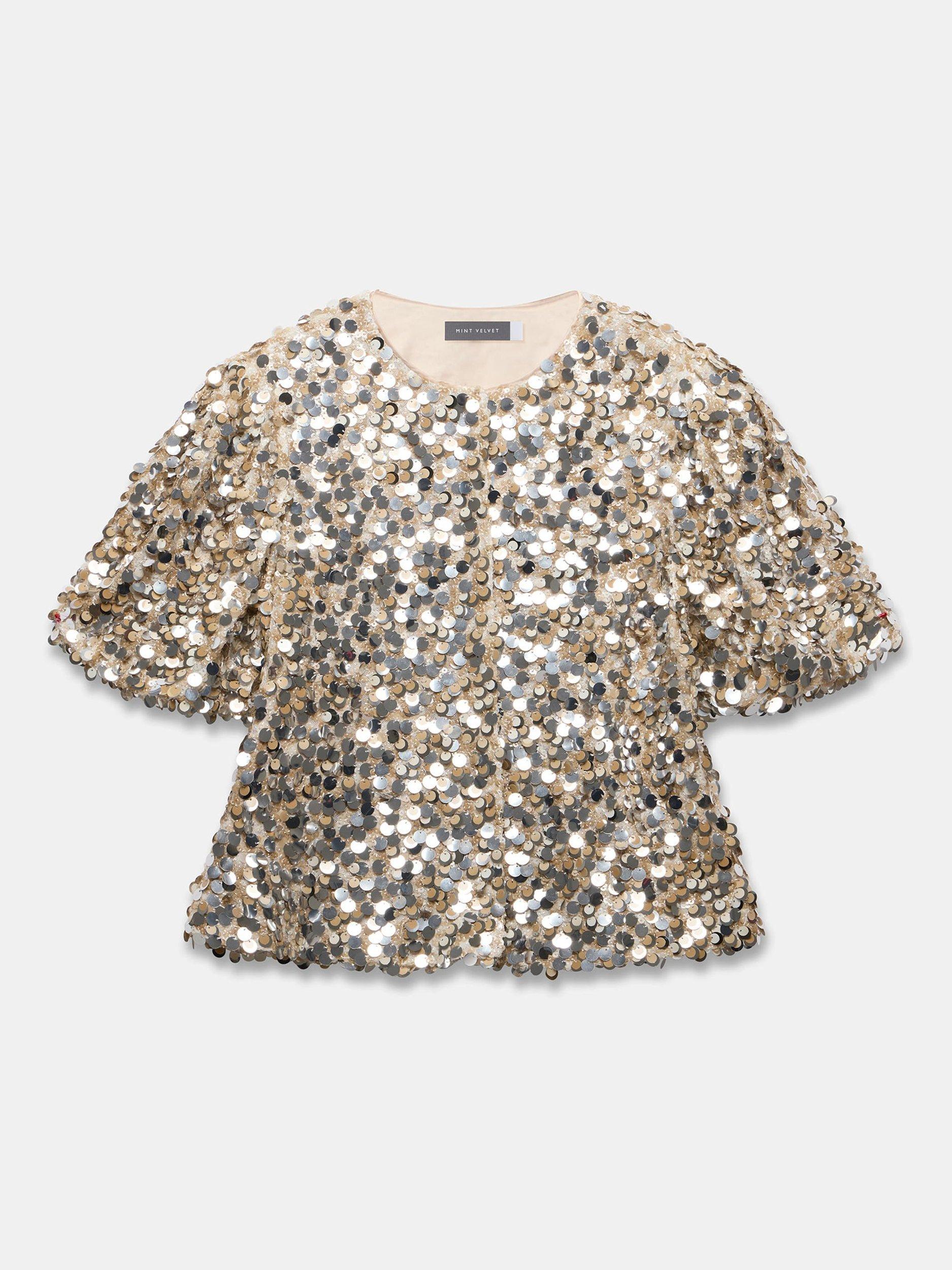 Product image 7 of 8, which shows Mint Velvet Sequin Puff Sleeve Top , Silver, XS