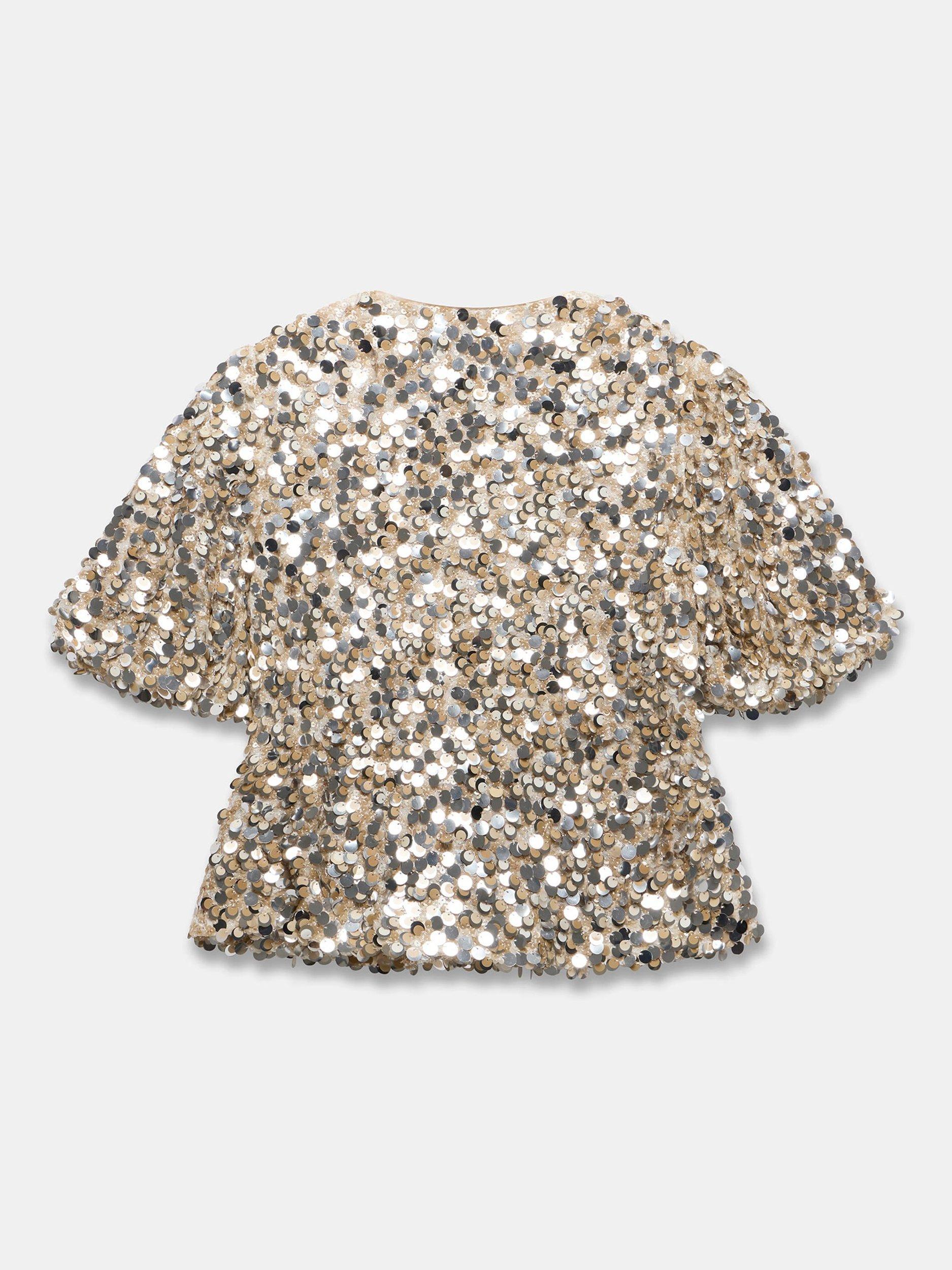 Product image 8 of 8, which shows Mint Velvet Sequin Puff Sleeve Top , Silver, XS
