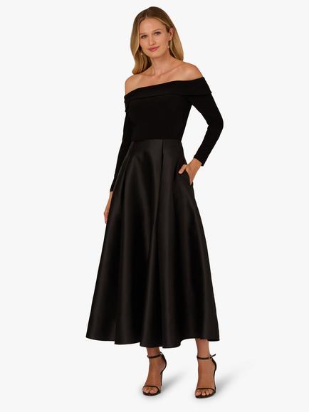 Adrianna Papell Long Sleeve Bardot Neck Midi Dress, Black