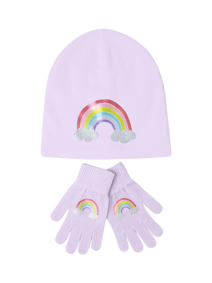 Lindex Kids' Cotton Rich Rainbow Hat and Gloves Set, Lilac, Lilac