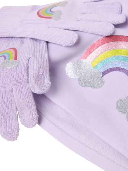 Lindex Kids' Cotton Rich Rainbow Hat and Gloves Set, Lilac - view 2, Lilac