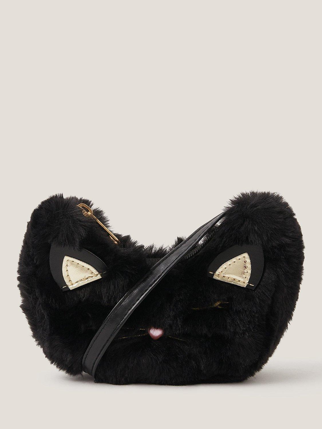 Product image 1 of 4, which shows Monsoon Kids' Fluffy Cat Crossbody Bag, Black, One Size