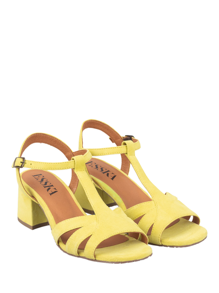 Esska Gabby Suede Low Block Heel Strappy Sandals, Lemon - view 2, Lemon