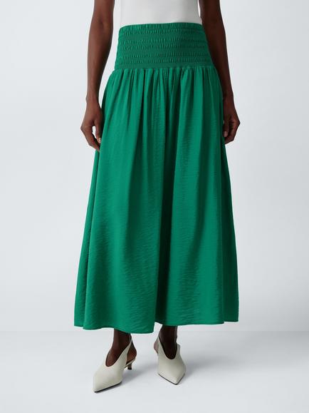 John Lewis Shirred Waist Midi Skirt containing LENZING™ ECOVERO™ Viscose, Pine Green, Pine Green