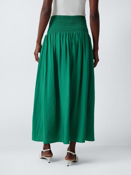 John Lewis Shirred Waist Midi Skirt containing LENZING™ ECOVERO™ Viscose, Pine Green - view 2, Pine Green