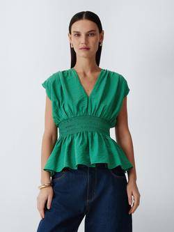 John Lewis Shirred Waist V-Neck Cap Sleeve Peplum Top containing LENZING™ ECOVERO™ Viscose, Pine Green, Pine Green