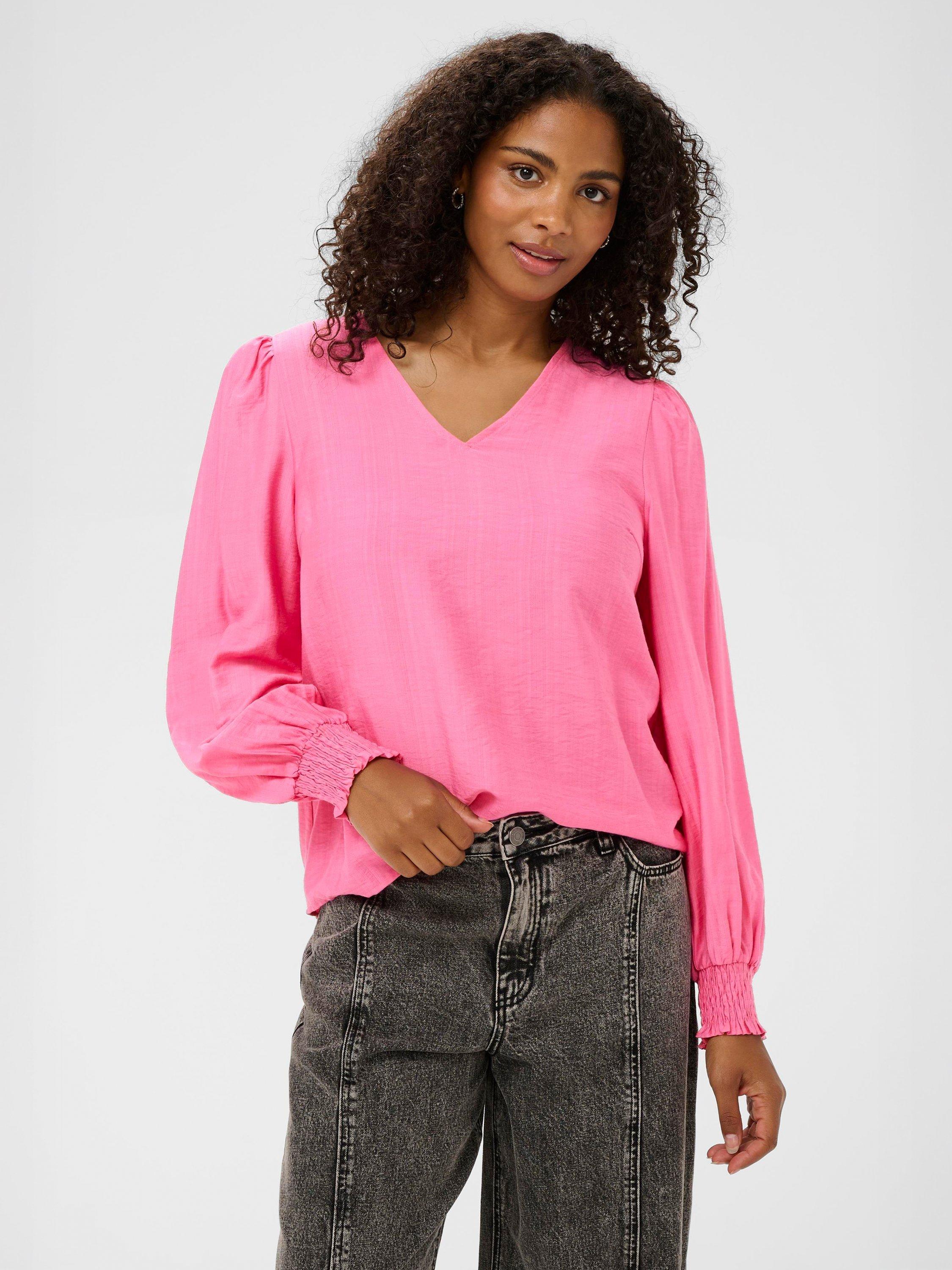 Product image 1 of 6, which shows KAFFE Lufia Long Sleeve V Neck Blouse, Pink Power, 8