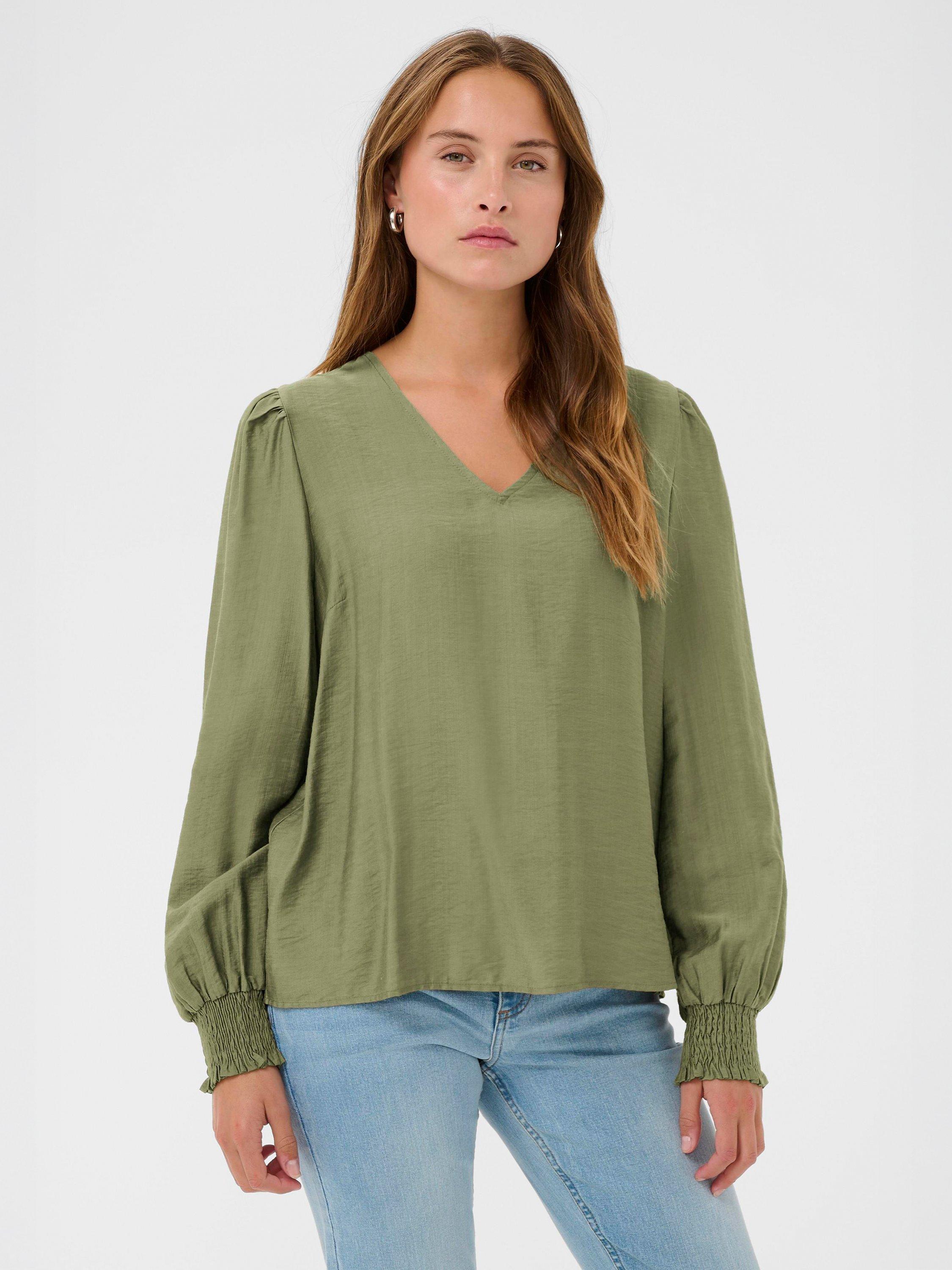 Product image 3 of 6, which shows KAFFE Lufia Long Sleeve V Neck Blouse, Dusky Green, 8