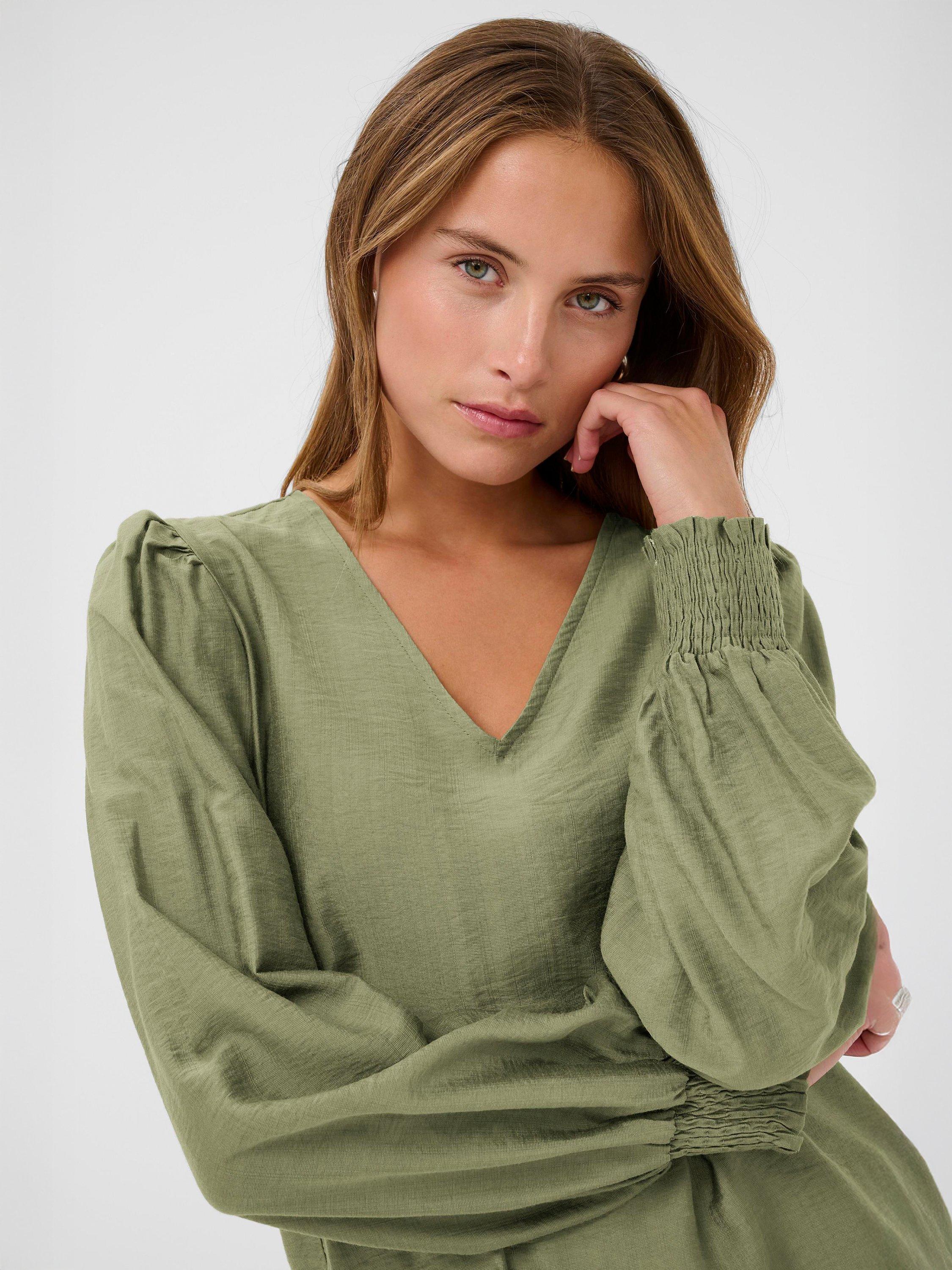 Product image 4 of 6, which shows KAFFE Lufia Long Sleeve V Neck Blouse, Dusky Green, 8