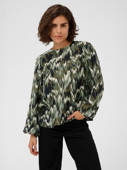 KAFFE Kia Abstract Round Neck Blouse, Green/Black