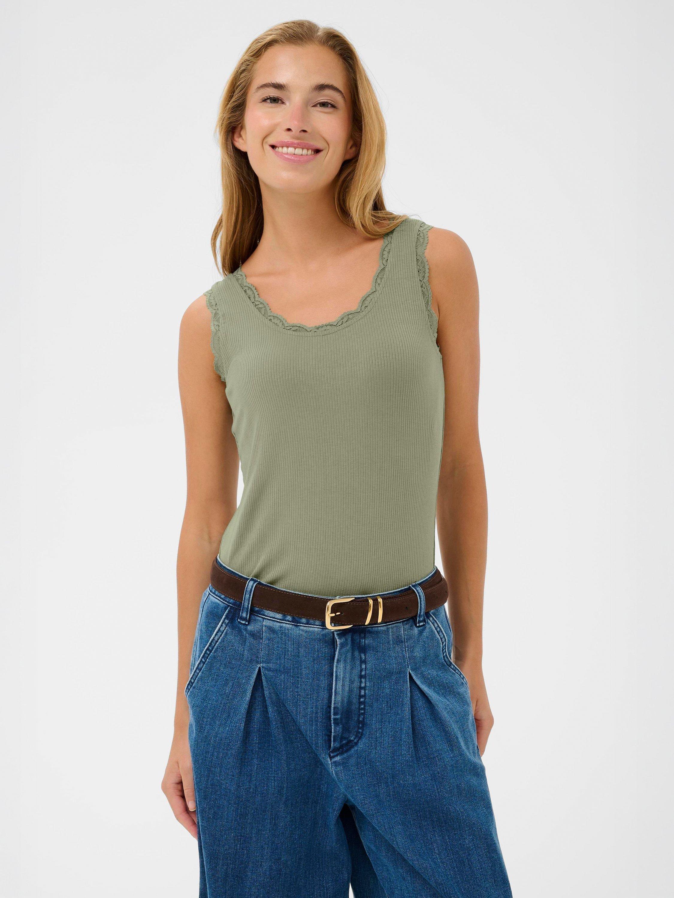 Product image 1 of 6, which shows KAFFE Omi Lace Trim Scoop Neck Tank Top, Sea Spray, XS