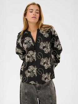 KAFFE Vinie Embroidered V Neck Blouse, Black/Chalk