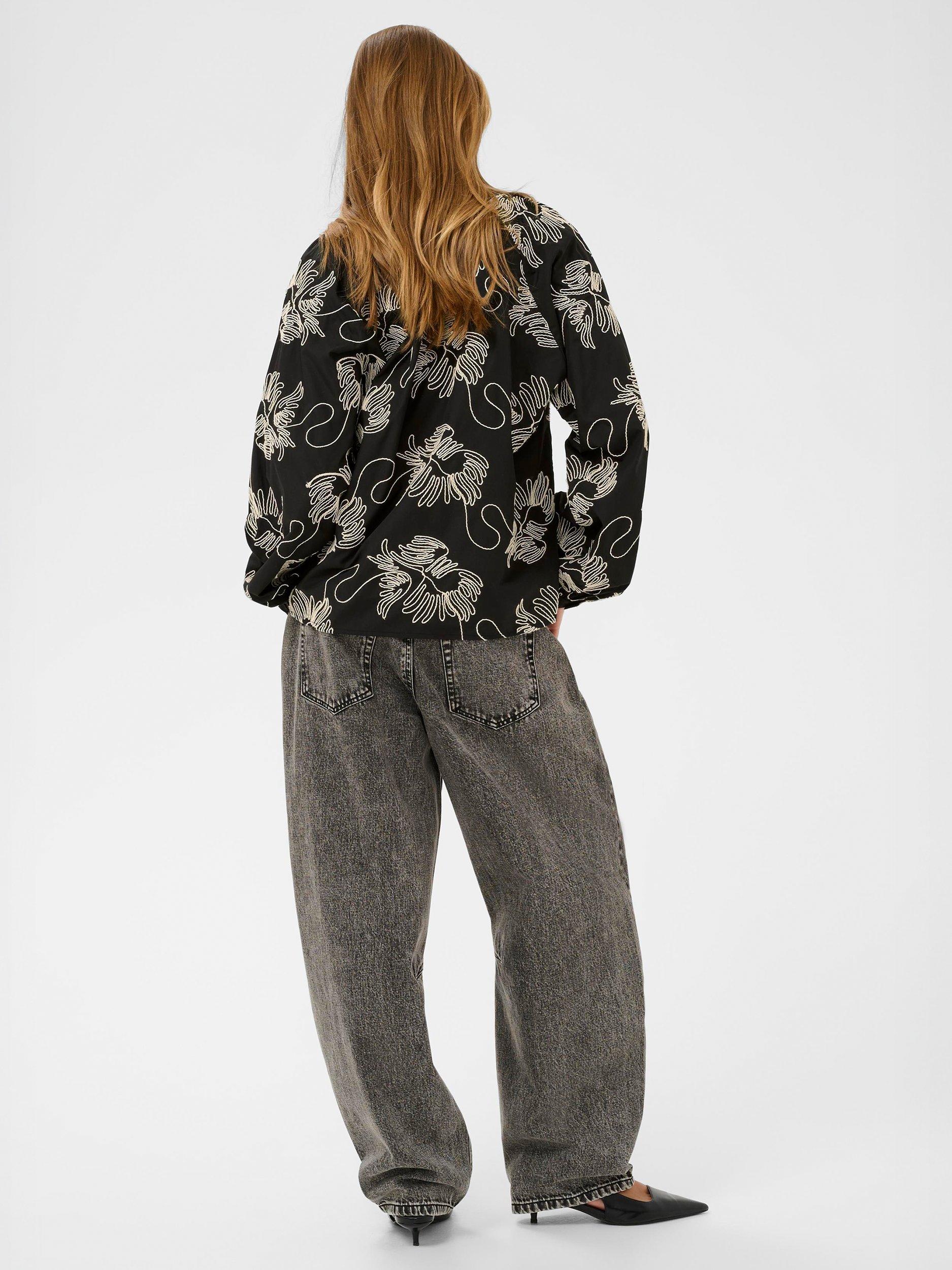 Product image 2 of 6, which shows KAFFE Vinie Embroidered V Neck Blouse, Black/Chalk, 8