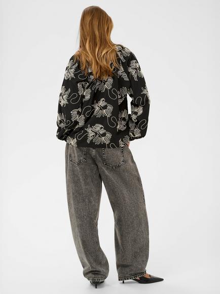 KAFFE Vinie Embroidered V Neck Blouse - view 2, Black/Chalk