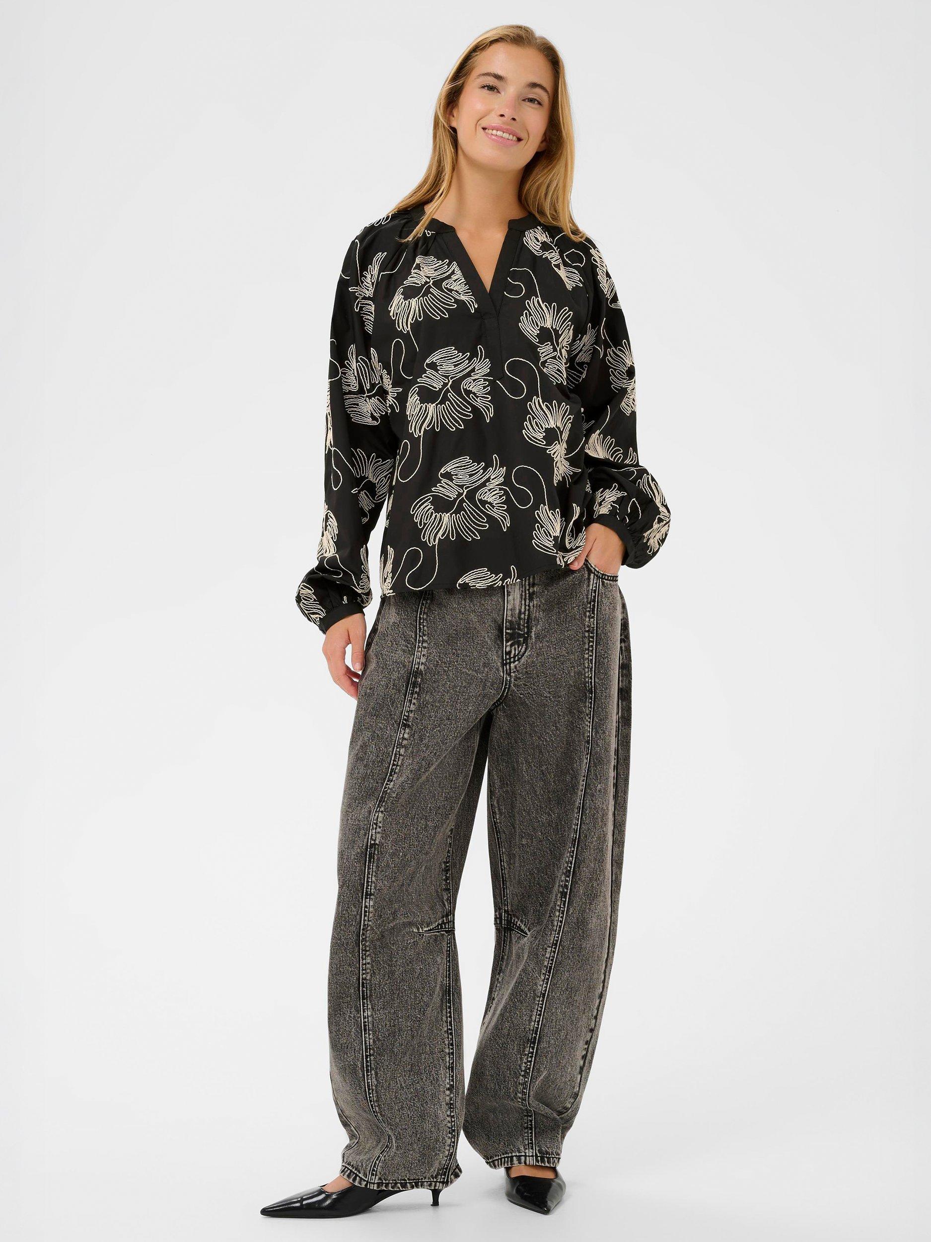 Product image 3 of 6, which shows KAFFE Vinie Embroidered V Neck Blouse, Black/Chalk, 8