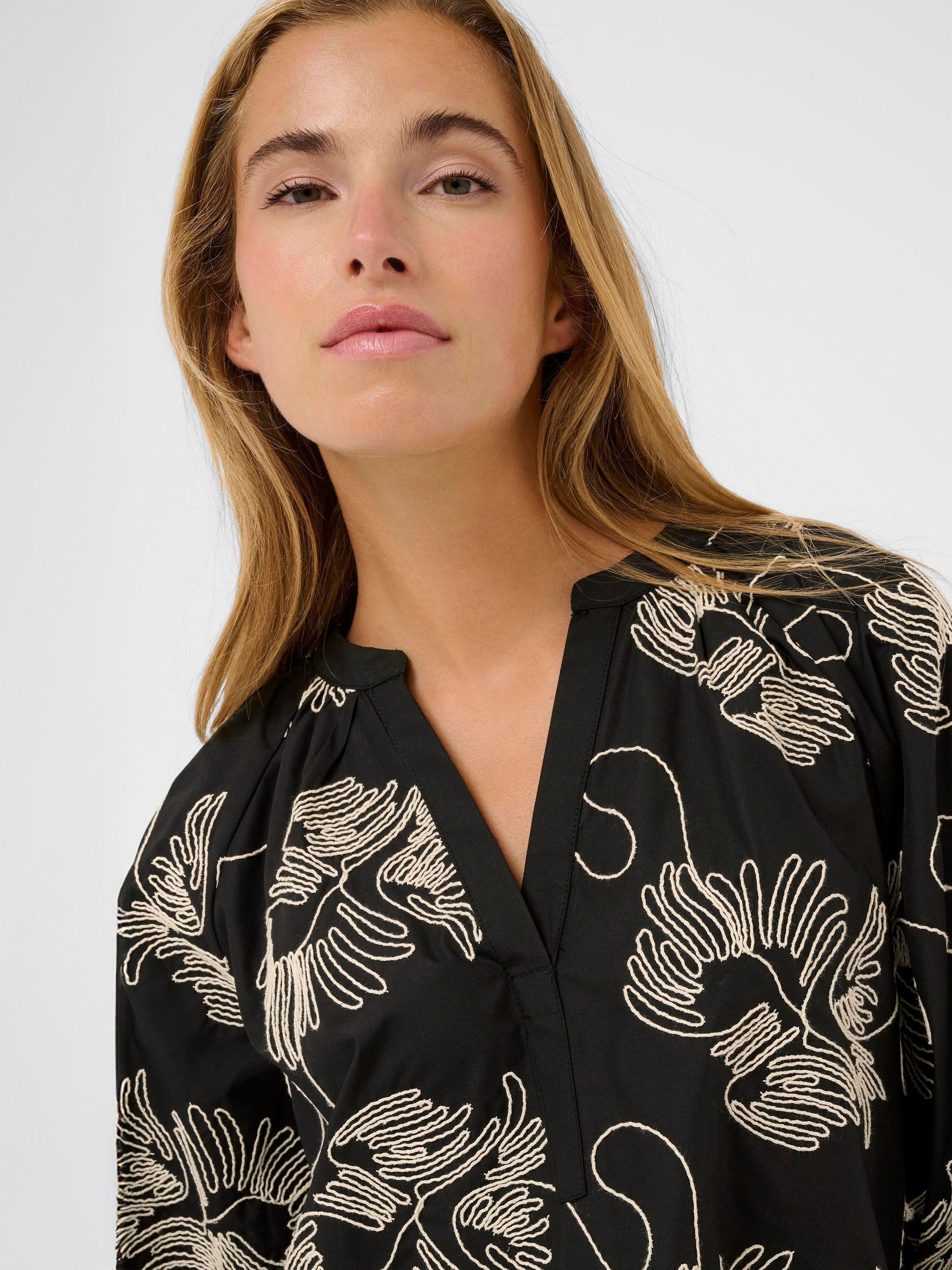 Product image 4 of 6, which shows KAFFE Vinie Embroidered V Neck Blouse, Black/Chalk, 8