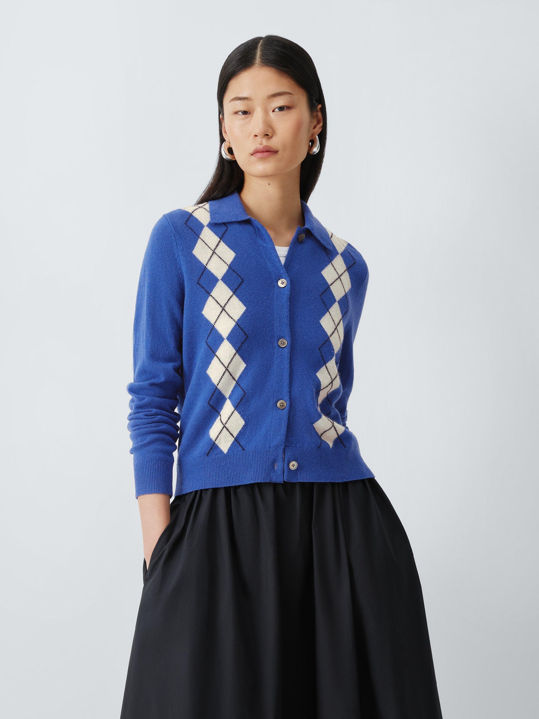 Product image 1 of 6, which shows John Lewis Merino Wool Blend Collared Argyle Cardigan, Baja Blue, 8
