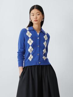 John Lewis Merino Wool Blend Collared Argyle Cardigan, Baja Blue, Baja Blue