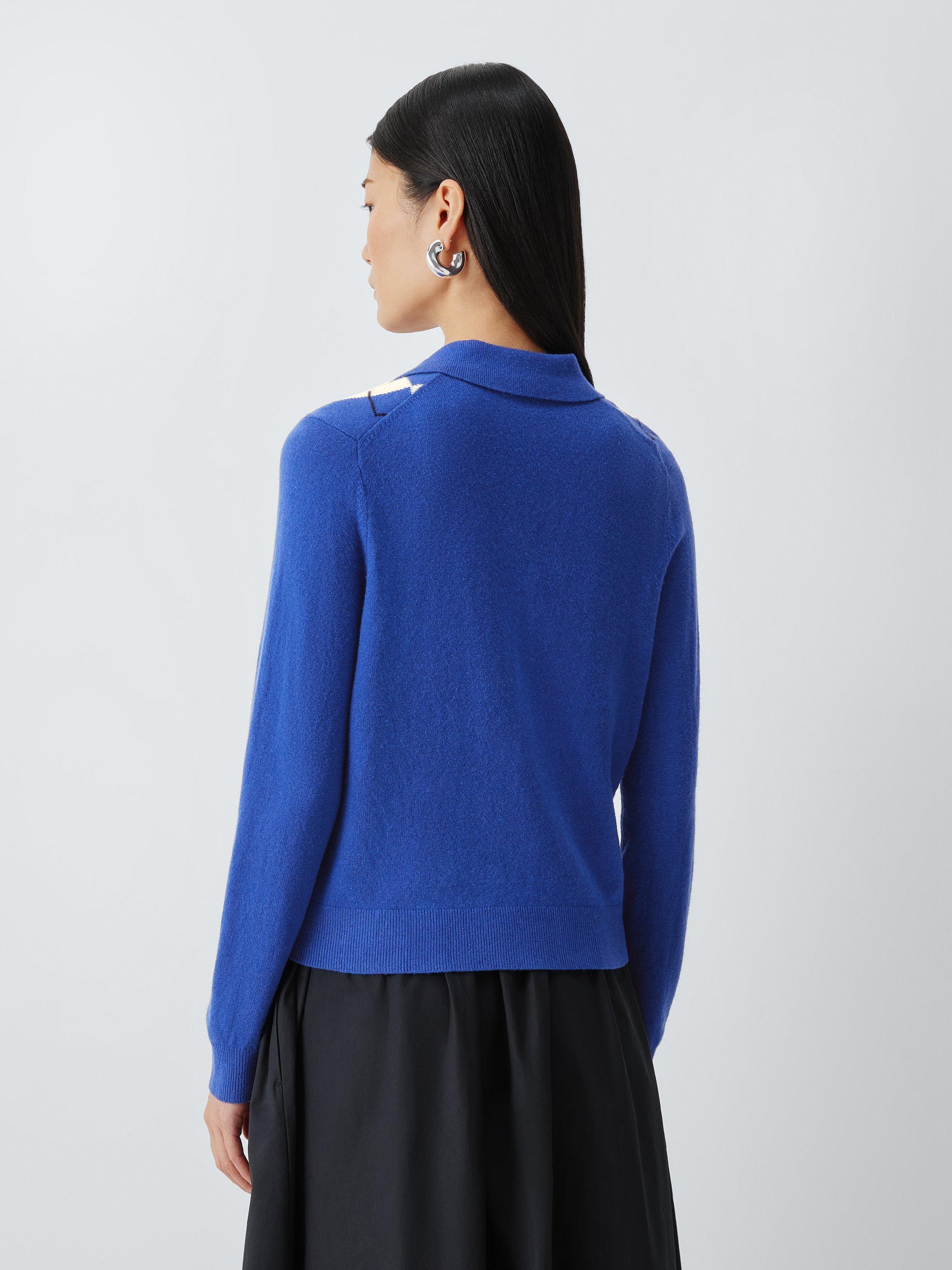 Product image 2 of 6, which shows John Lewis Merino Wool Blend Collared Argyle Cardigan, Baja Blue, 8