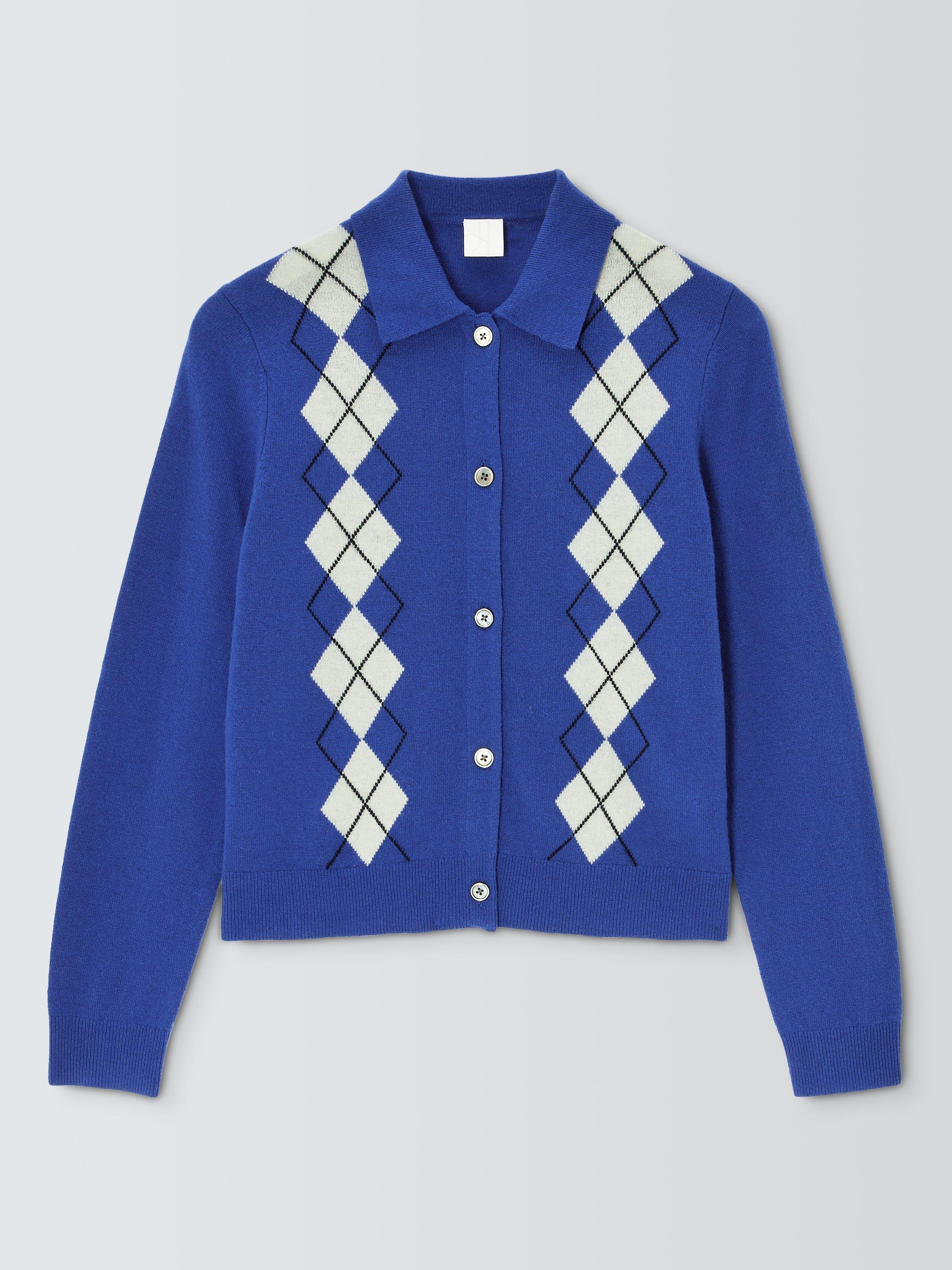 Product image 4 of 6, which shows John Lewis Merino Wool Blend Collared Argyle Cardigan, Baja Blue, 8