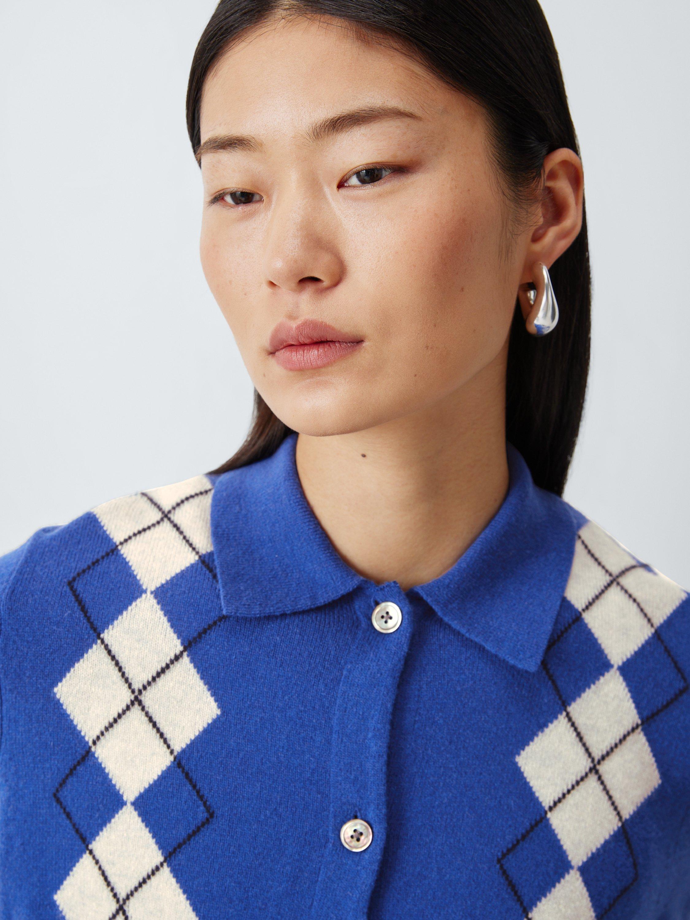 Product image 5 of 6, which shows John Lewis Merino Wool Blend Collared Argyle Cardigan, Baja Blue, 8