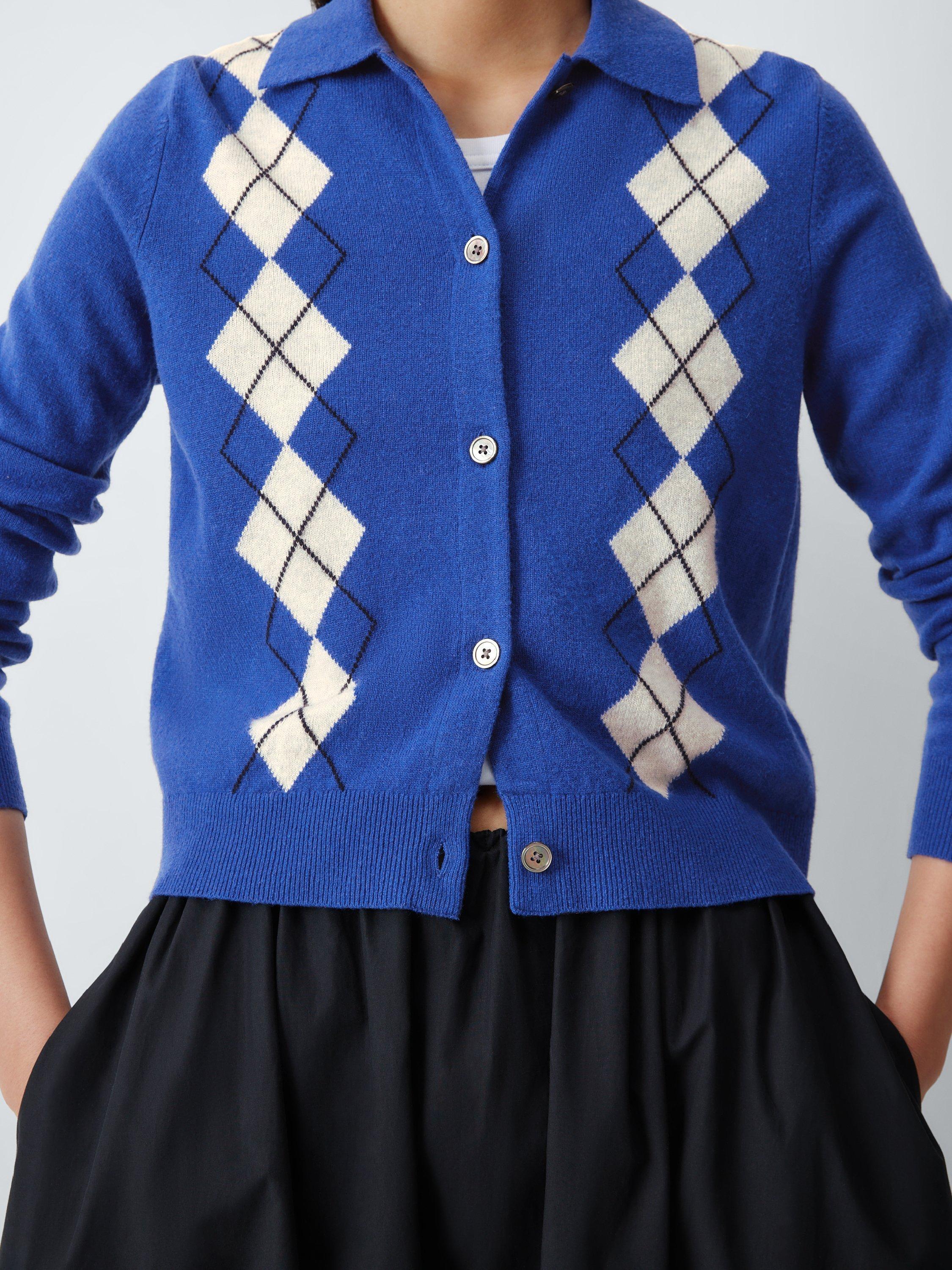 Product image 6 of 6, which shows John Lewis Merino Wool Blend Collared Argyle Cardigan, Baja Blue, 8