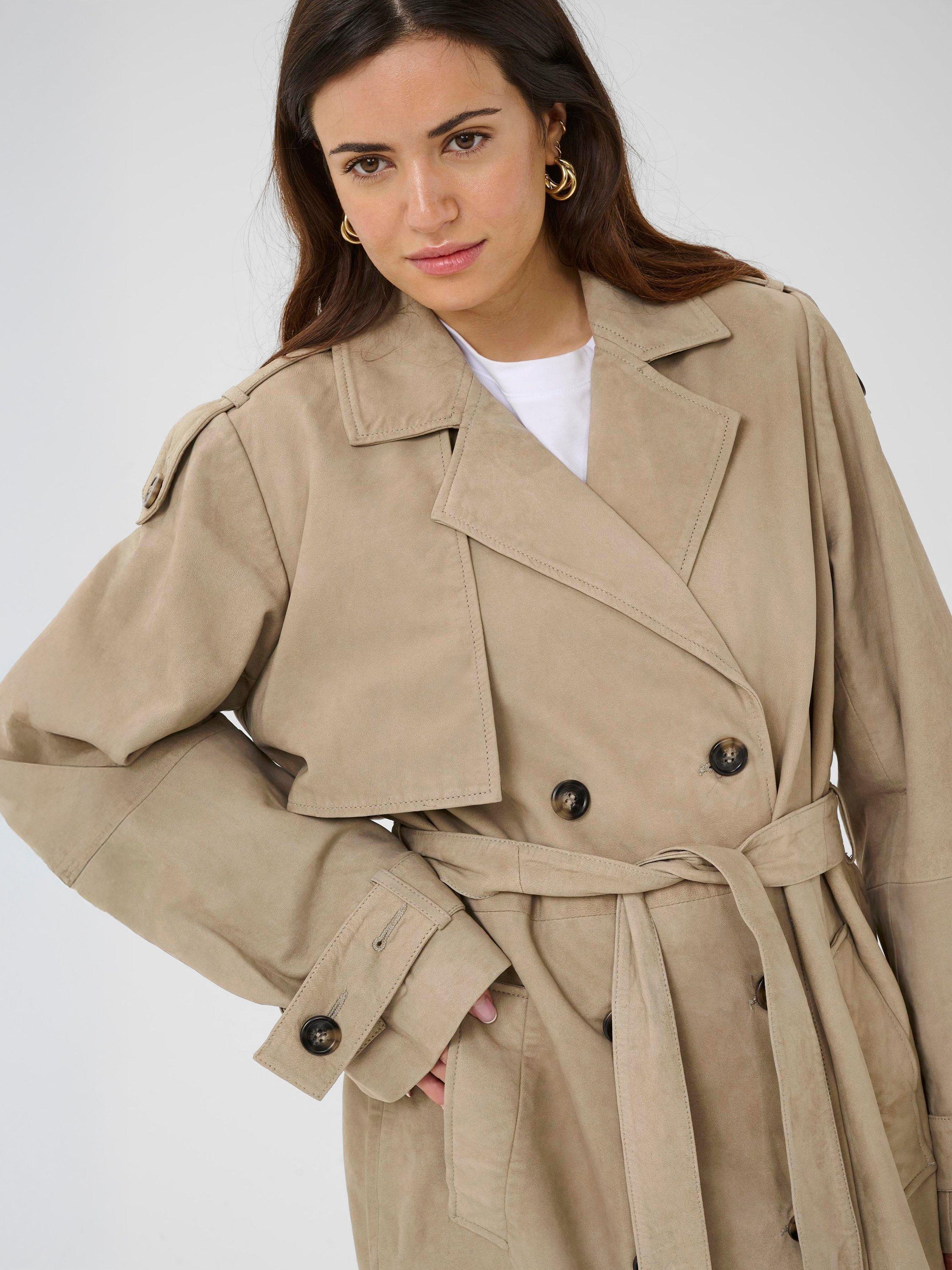 Product image 4 of 6, which shows KAFFE Rachel Pure Suede Trench Coat, Brindle, 8