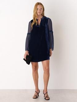 Whistles Velvet Sheer Sleeve Mini Dress, Navy, Navy