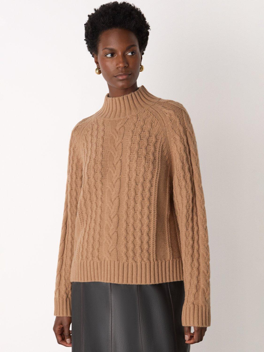 Product image 1 of 5, which shows Whistles Cable Knit Wool Blend Jumper, Camel, XS