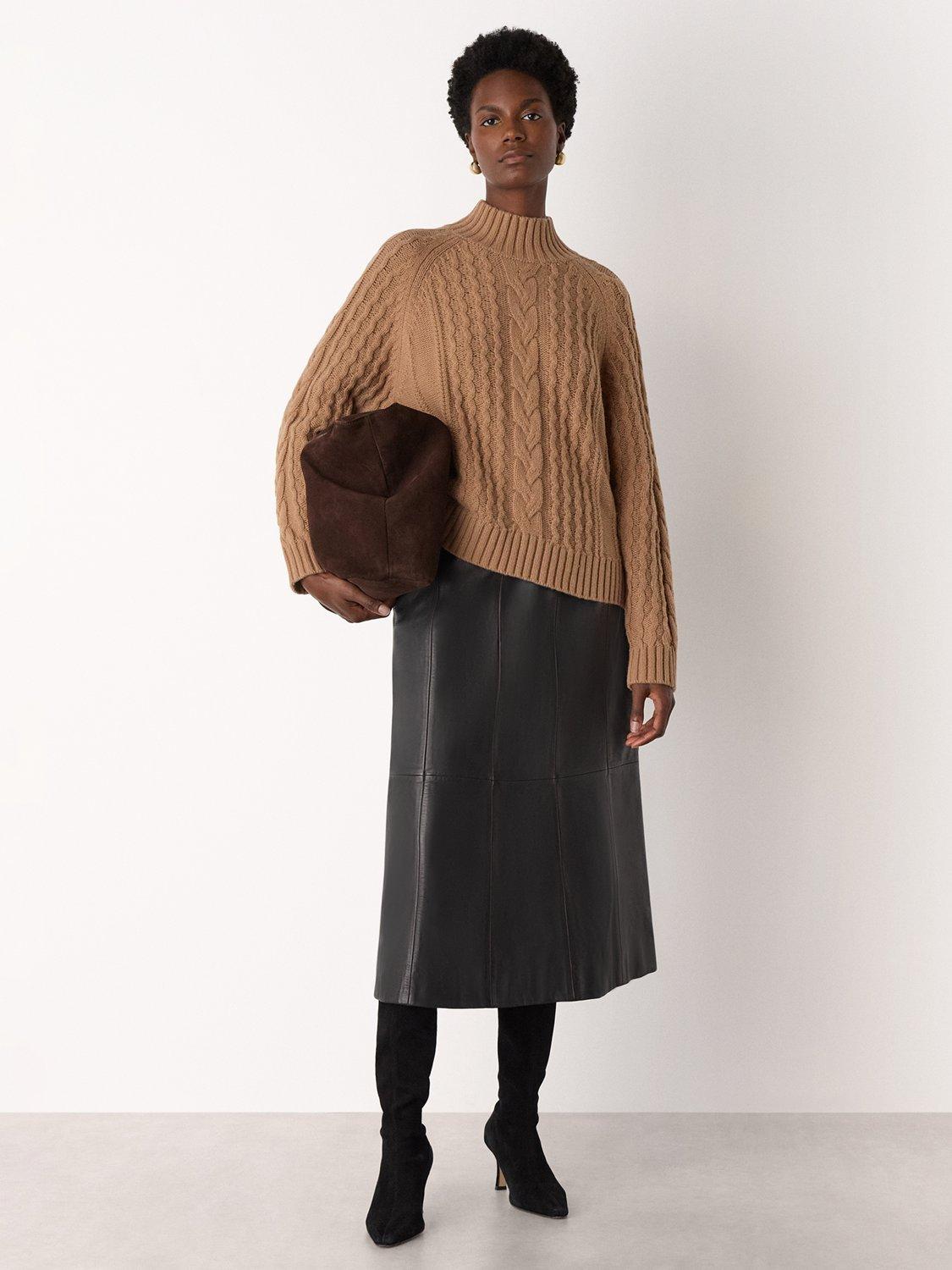 Product image 3 of 5, which shows Whistles Cable Knit Wool Blend Jumper, Camel, XS
