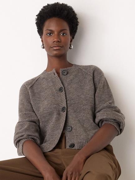 Whistles Crew Neck Wool Blend Cardigan, Taupe, Taupe