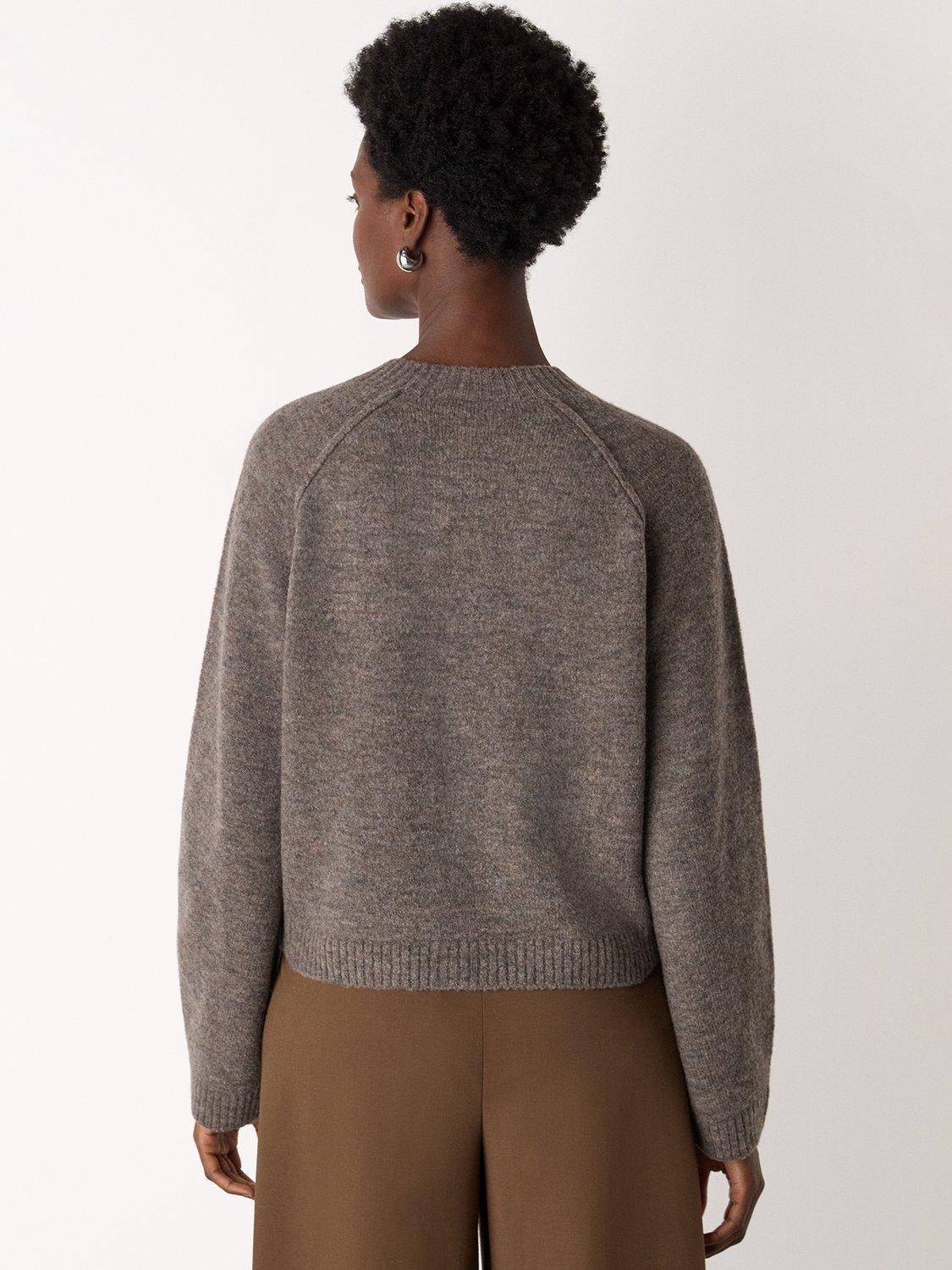 Product image 2 of 5, which shows Whistles Crew Neck Wool Blend Cardigan, Taupe, XS