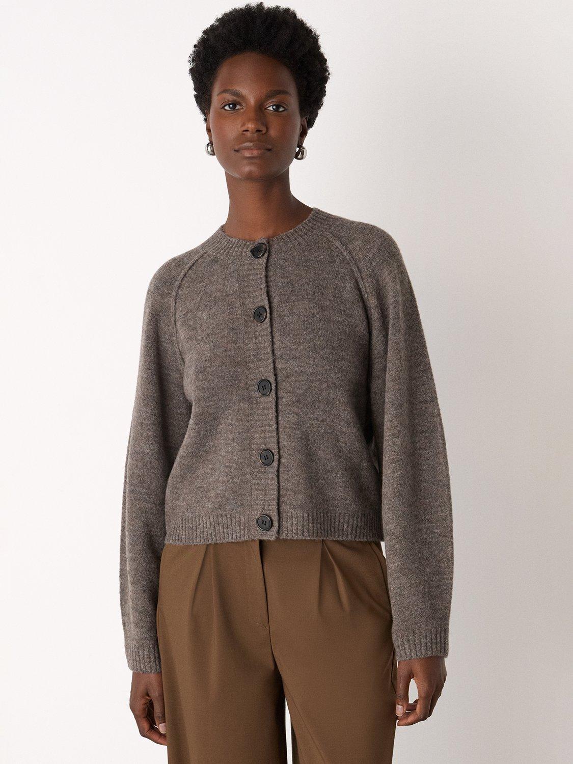 Product image 4 of 5, which shows Whistles Crew Neck Wool Blend Cardigan, Taupe, XS