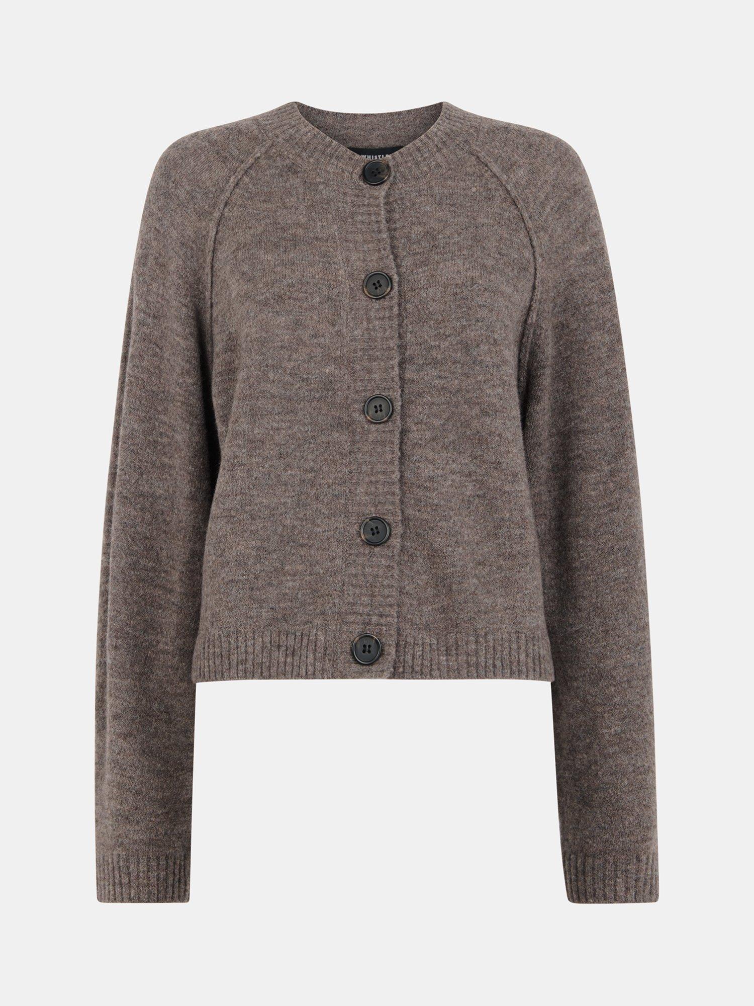Product image 5 of 5, which shows Whistles Crew Neck Wool Blend Cardigan, Taupe, XS