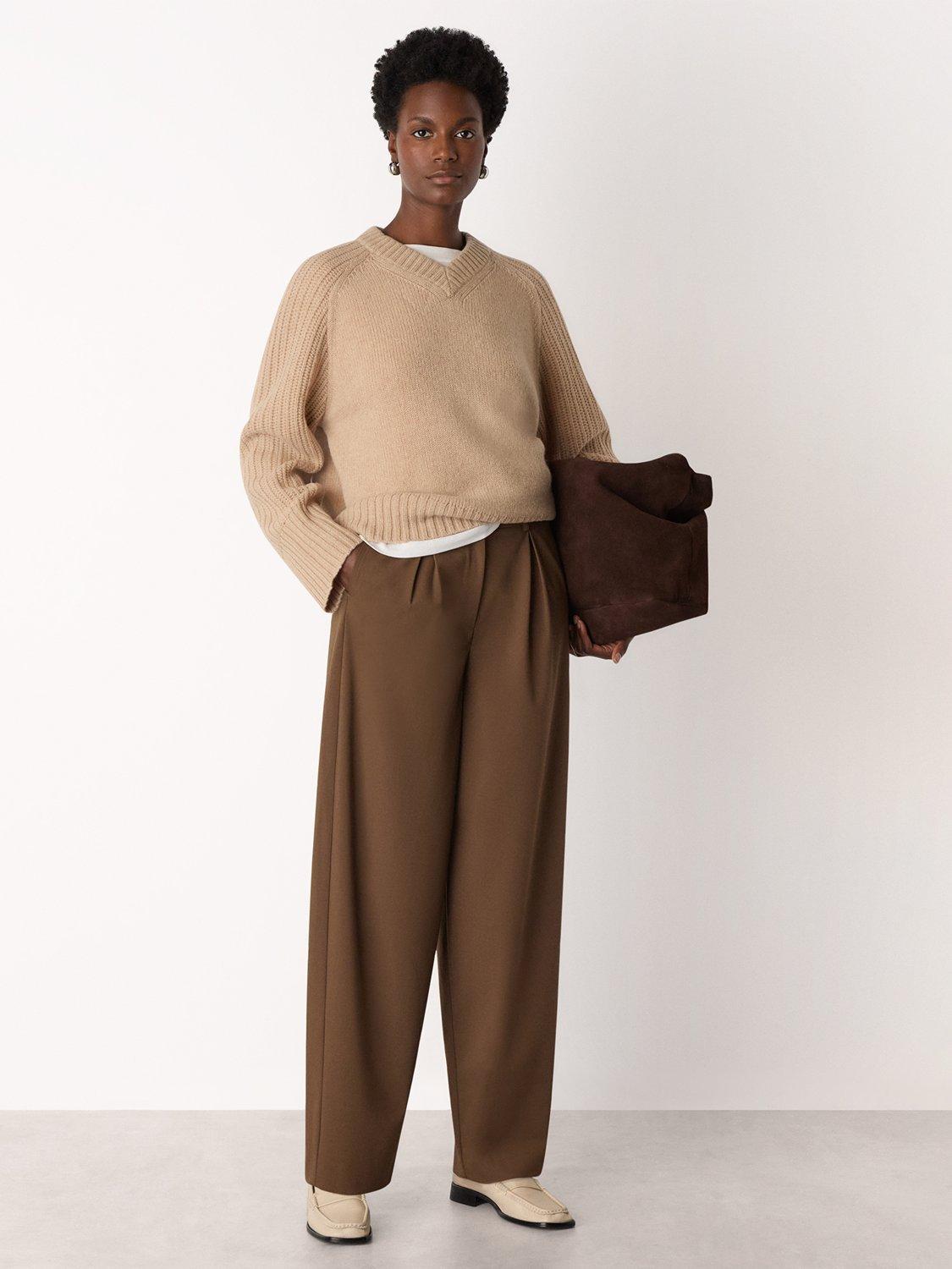 Product image 3 of 5, which shows Whistles Wool Blend Regular Fit Barrel Trousers, Brown, 6