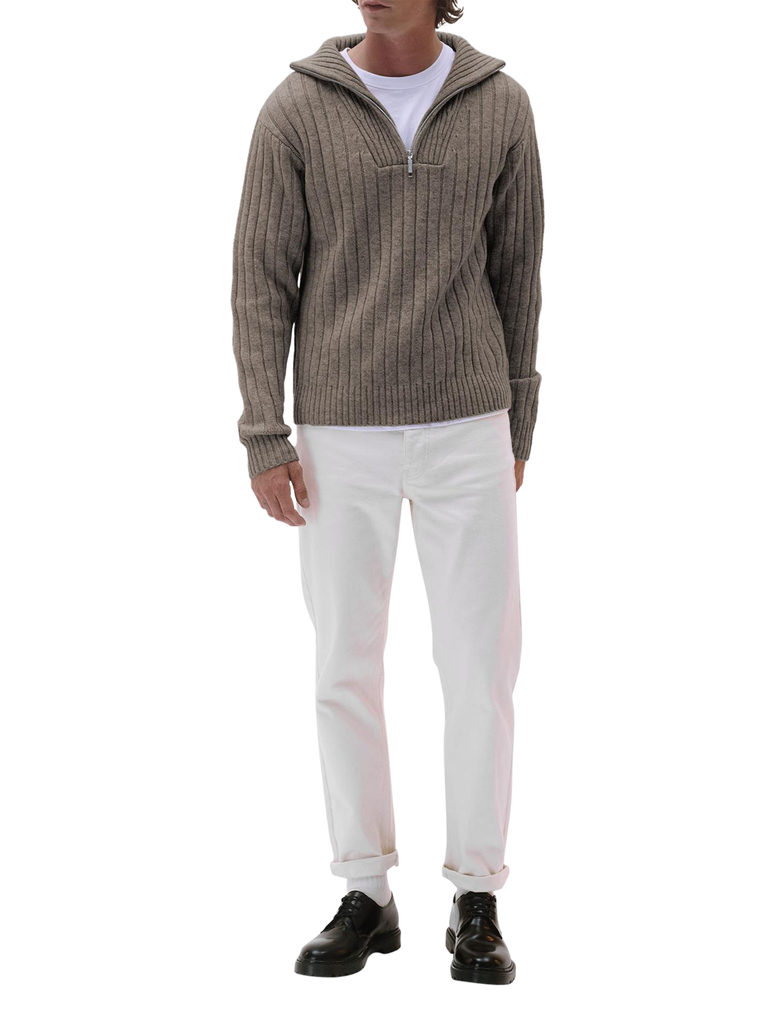 Product image 1 of 5, which shows Maison Standards Guillaume Wool Zip Neck Jumper, Mink Beige, S