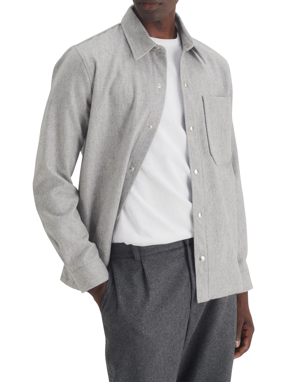 Product image 1 of 7, which shows Maison Standards Gustave Wool Blend Flannel Overshirt, Light Grey, S