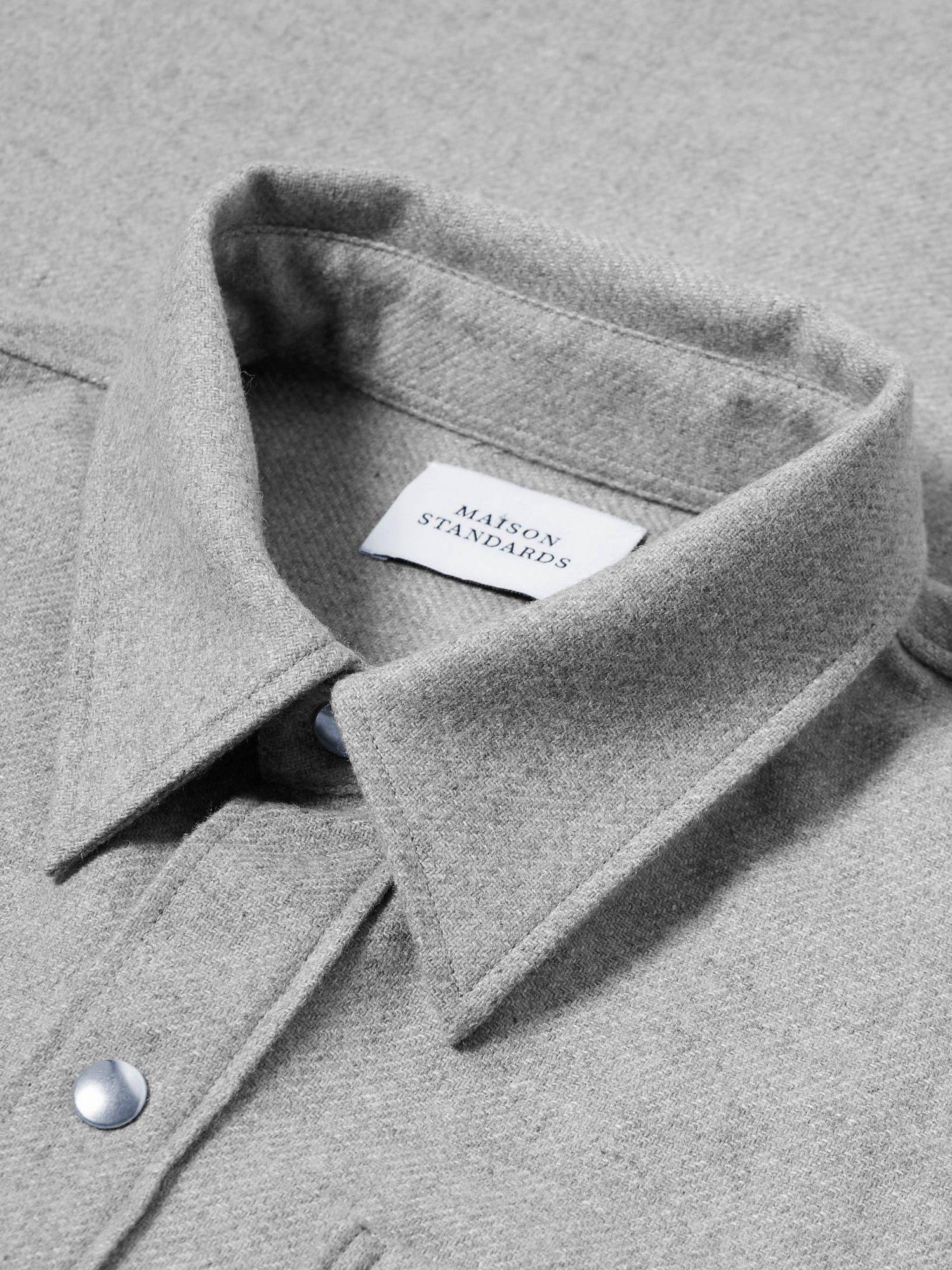 Product image 5 of 7, which shows Maison Standards Gustave Wool Blend Flannel Overshirt, Light Grey, S