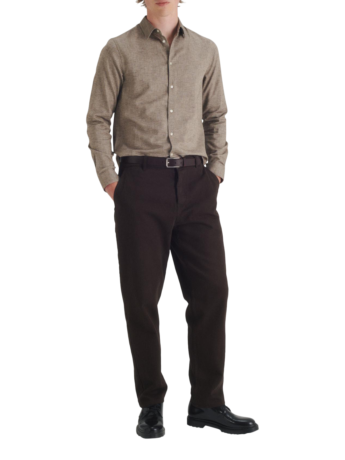 Product image 1 of 7, which shows Maison Standards Peter Cotton Long Sleeve Collar Shirt, Brown, S