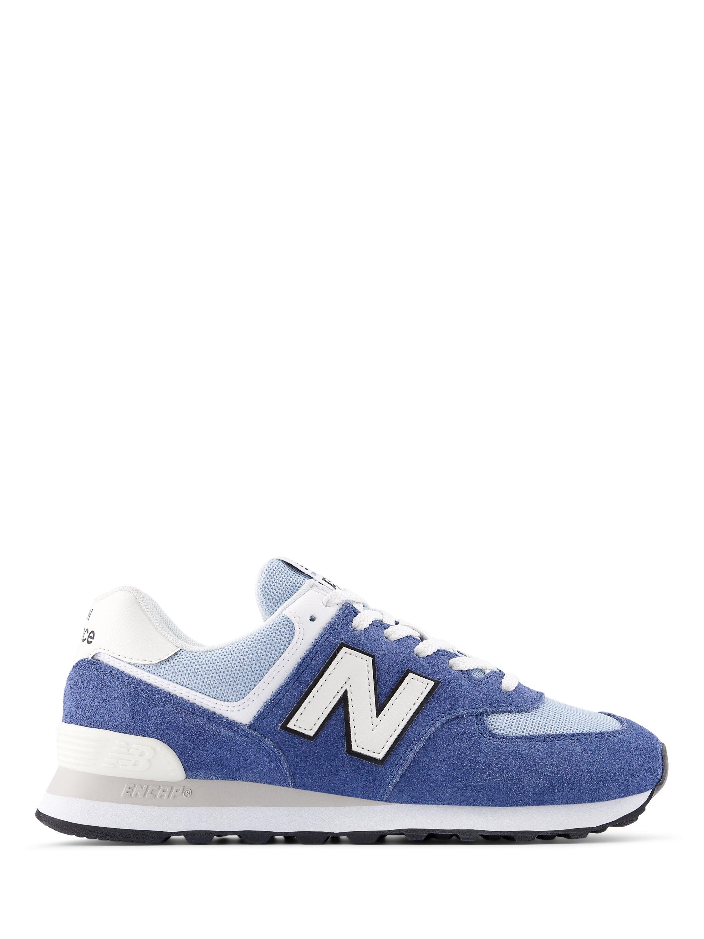 Product image 1 of 6, which shows New Balance 574 Leather Lace-Up Trainers, Blue/White, 4
