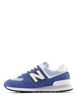 New Balance 574 Leather Lace-Up Trainers, Blue/White - view 2, Blue/White
